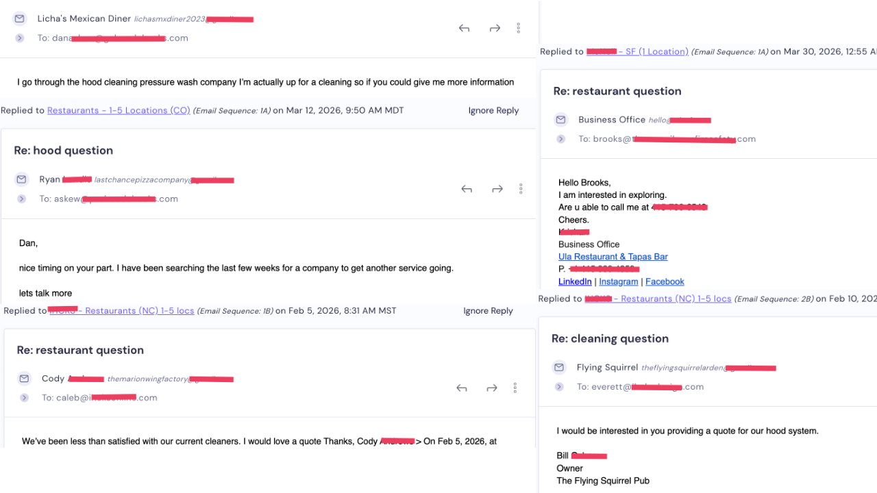 Screenshot of real hood cleaning campaign replies
